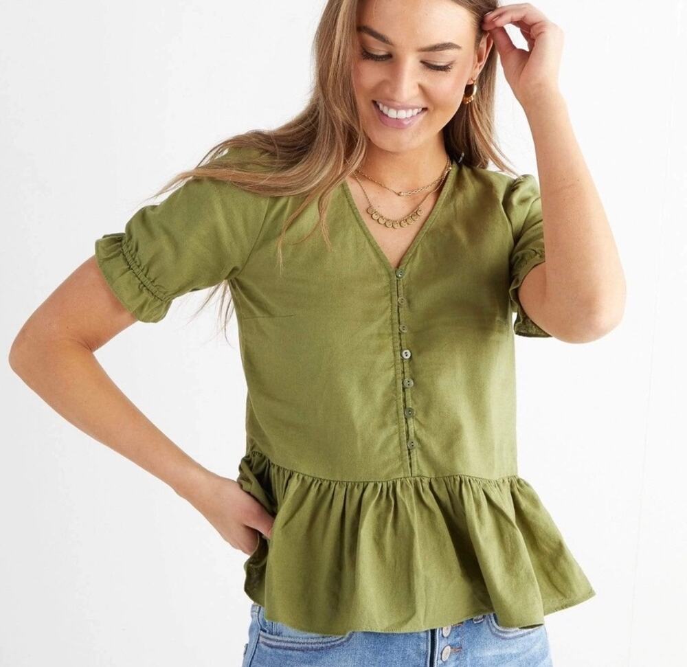 Downeast Olive Green Linen Peplum Top XL Button Front Ruffle Sleeves V Neck